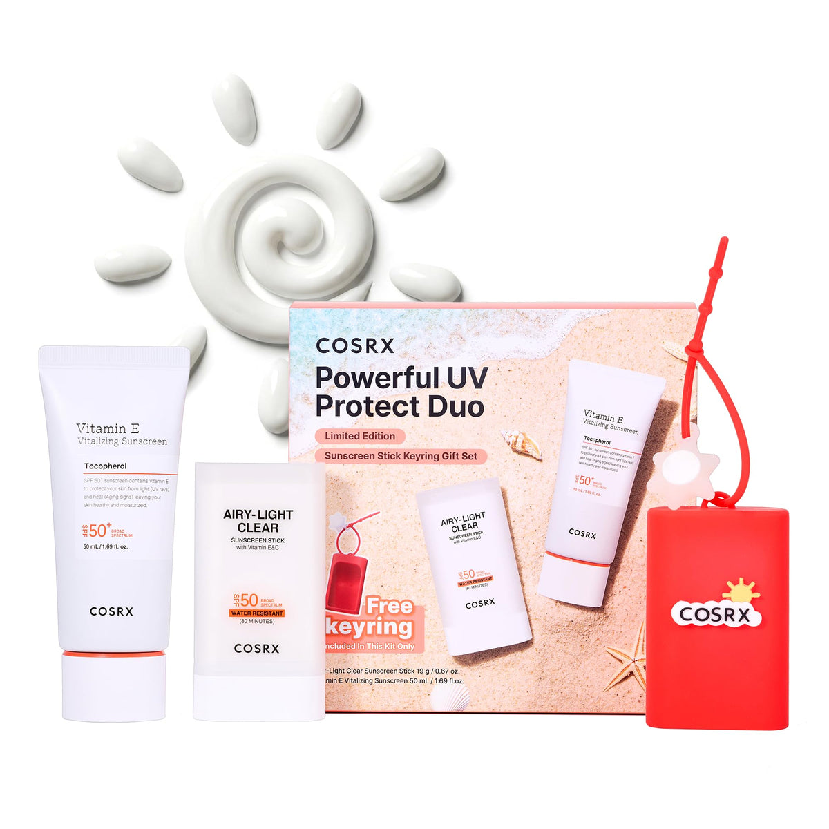 COSRX front packaging showing both sunscreen products and keyring for easy carry