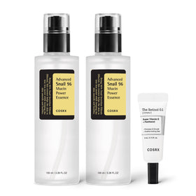 COSRX front packaging showing both snail essence bottles and retinol mini—clear hydrate benefit