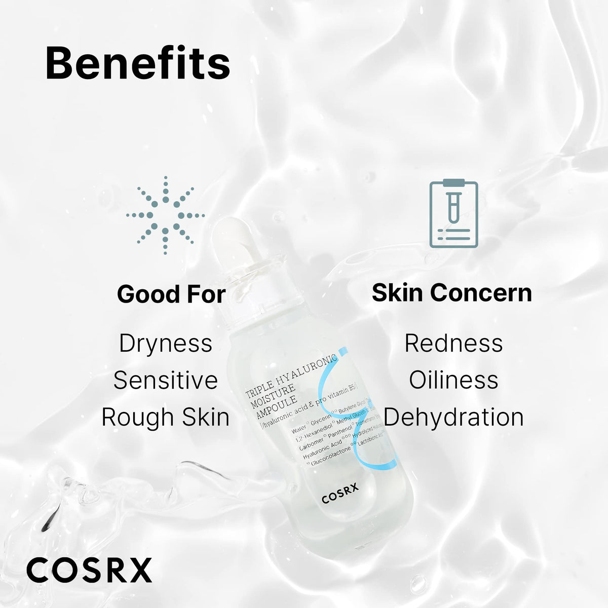 COSRX ingredient label highlighting triple hyaluronic acids and panthenol
