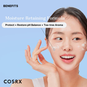 COSRX ingredients label close-up showing BHA and tea tree benefits