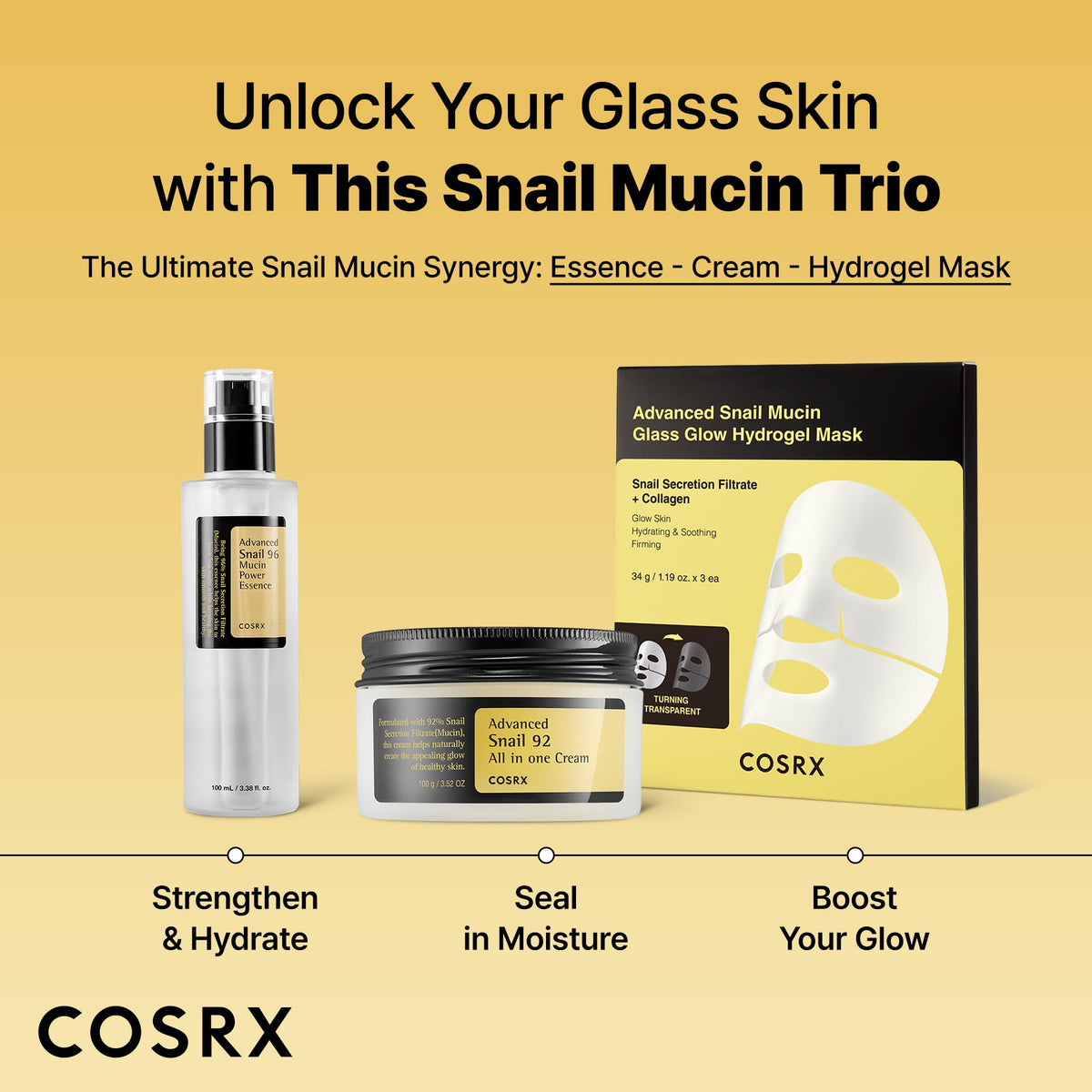 COSRX ingredients label close-up focusing on 96% snail filtrate and restorative benefit