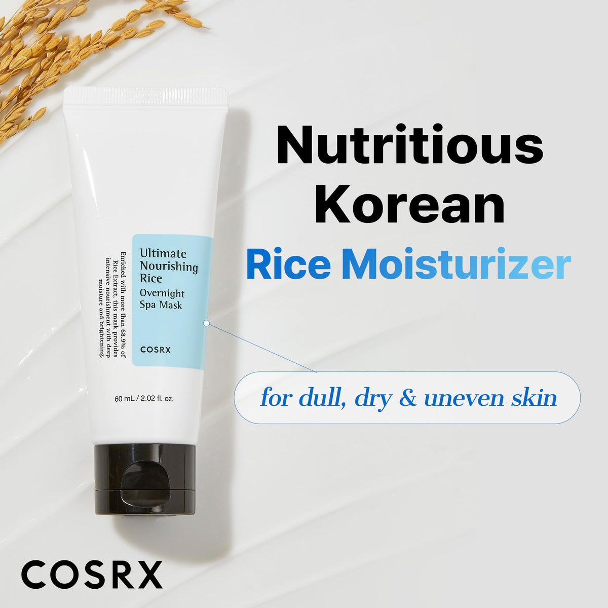COSRX label close-up highlighting rice extract percentage and cruelty-free icons