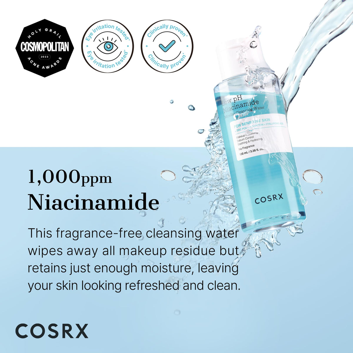 COSRX label close-up highlighting ingredients and low pH benefits