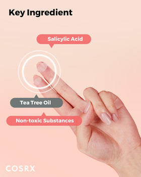 COSRX patches beside tea tree leaf and ingredient hints for soothing