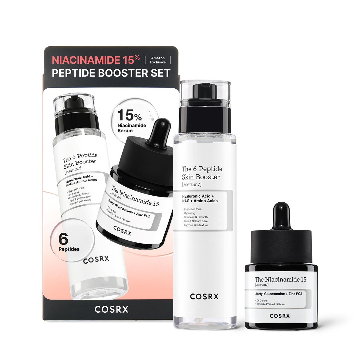 COSRX front packaging of niacinamide and peptide set showing duo for easy routine