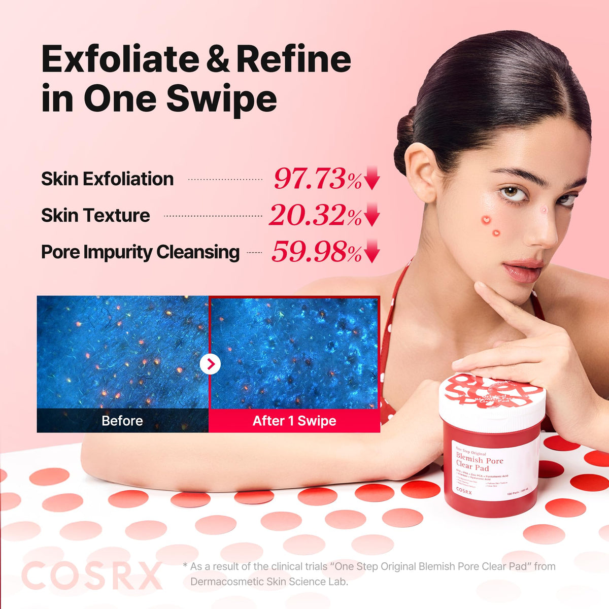 COSRX pad being swept across face to reduce uneven texture and pores