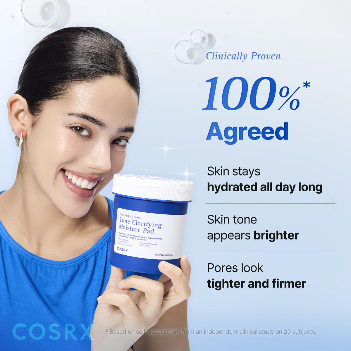 COSRX open pack with 100 pads showing quantity and travel-friendly design