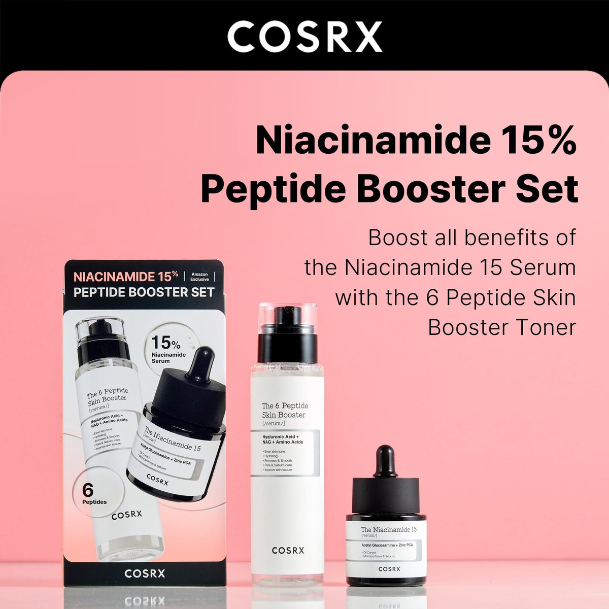 COSRX peptide booster toner bottle label detail highlighting key peptide benefits
