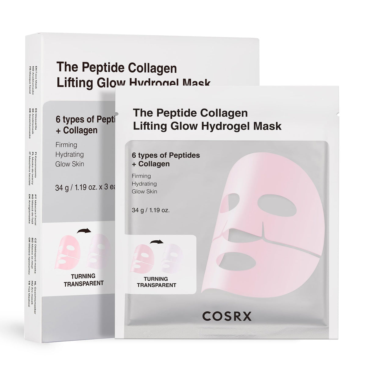 COSRX front packaging showing three pink hydrogel mask pouches and benefits