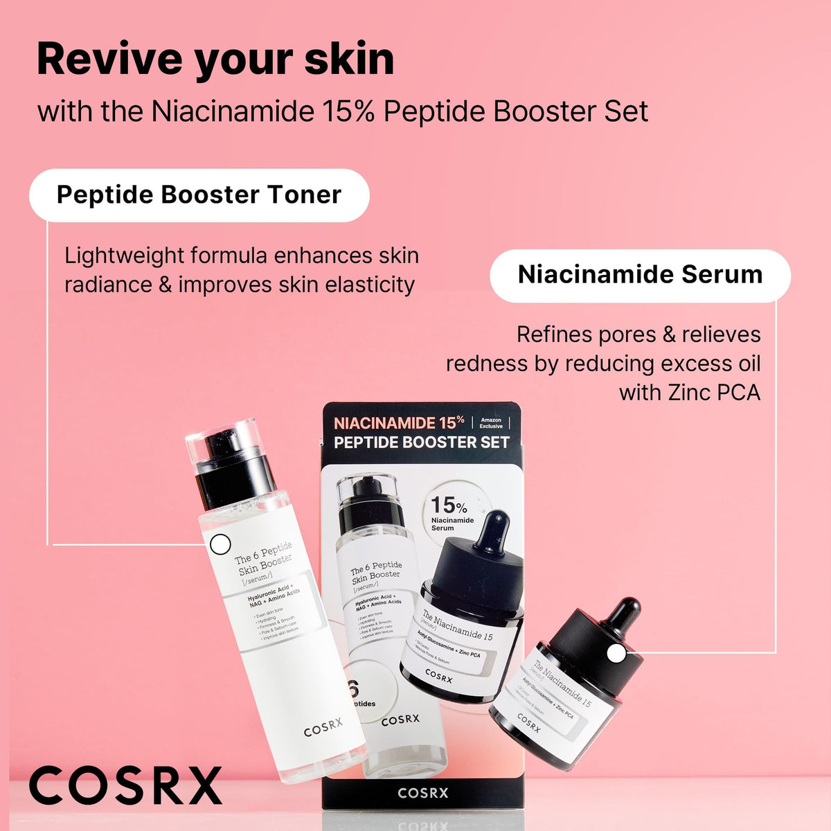 COSRX products styled on bathroom vanity to show how set integrates into routine