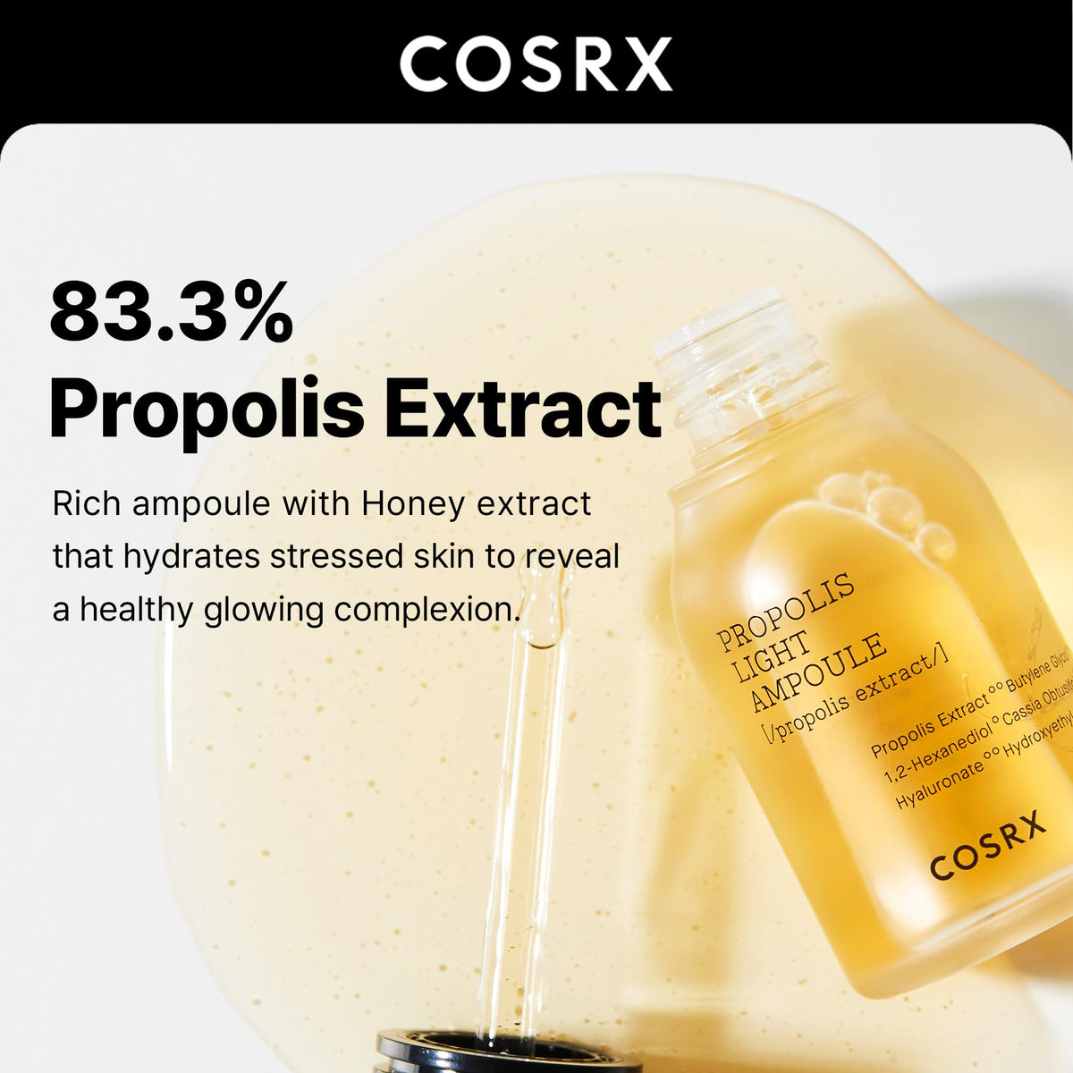COSRX propolis ampoule dropper showing serum texture and quick absorption benefit