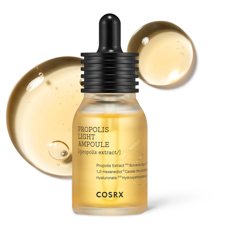 COSRX propolis ampoule front bottle showing packaging and glow benefits