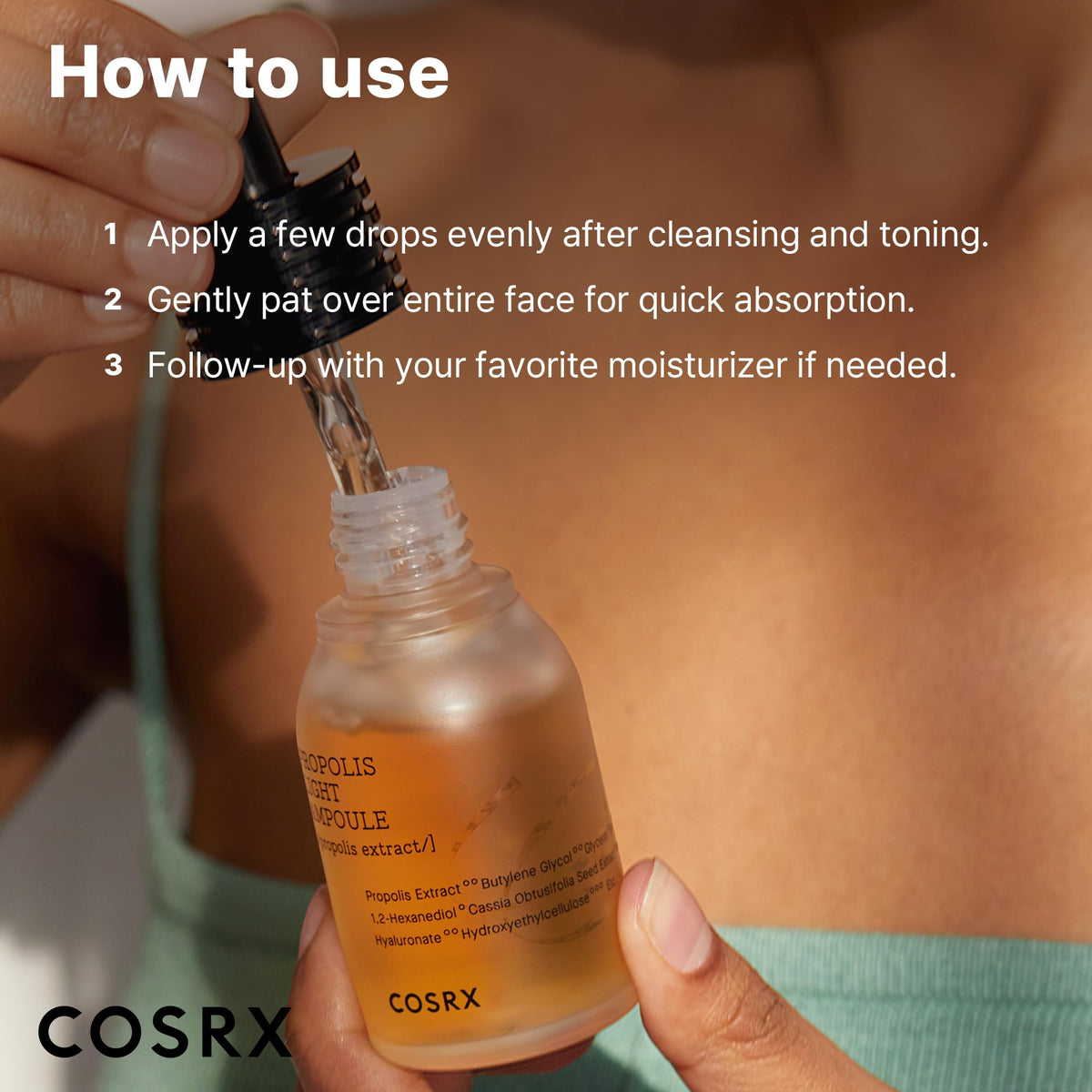 COSRX propolis ampoule applied to skin demonstrating hydrating glow benefit