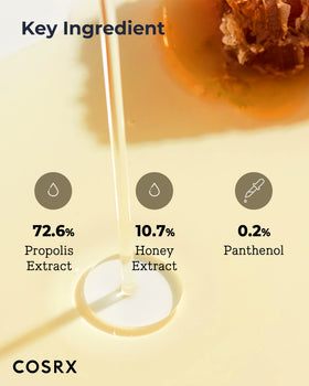 COSRX propolis toner label close-up with ingredient highlights for calming benefit