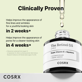 COSRX label close-up emphasizing 0.5% retinol and 91% squalane benefits
