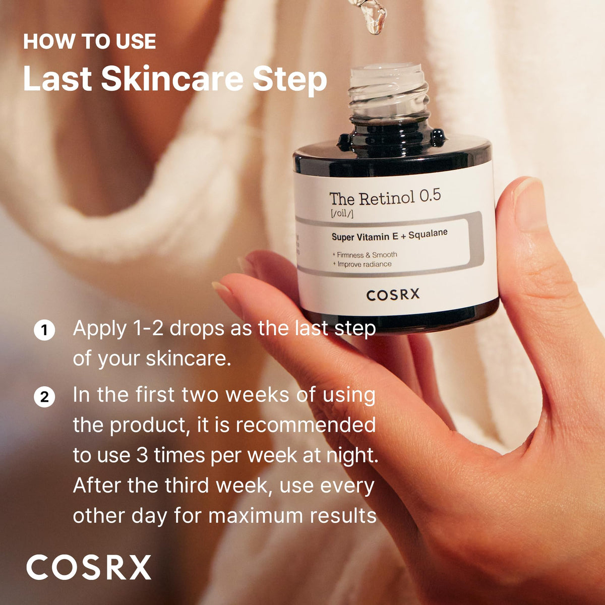 COSRX ingredient panel showing retinol, squalane and tocotrienol for transparency