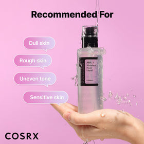 COSRX bottle in hand showing 3.38 fl.oz scale and travel convenience