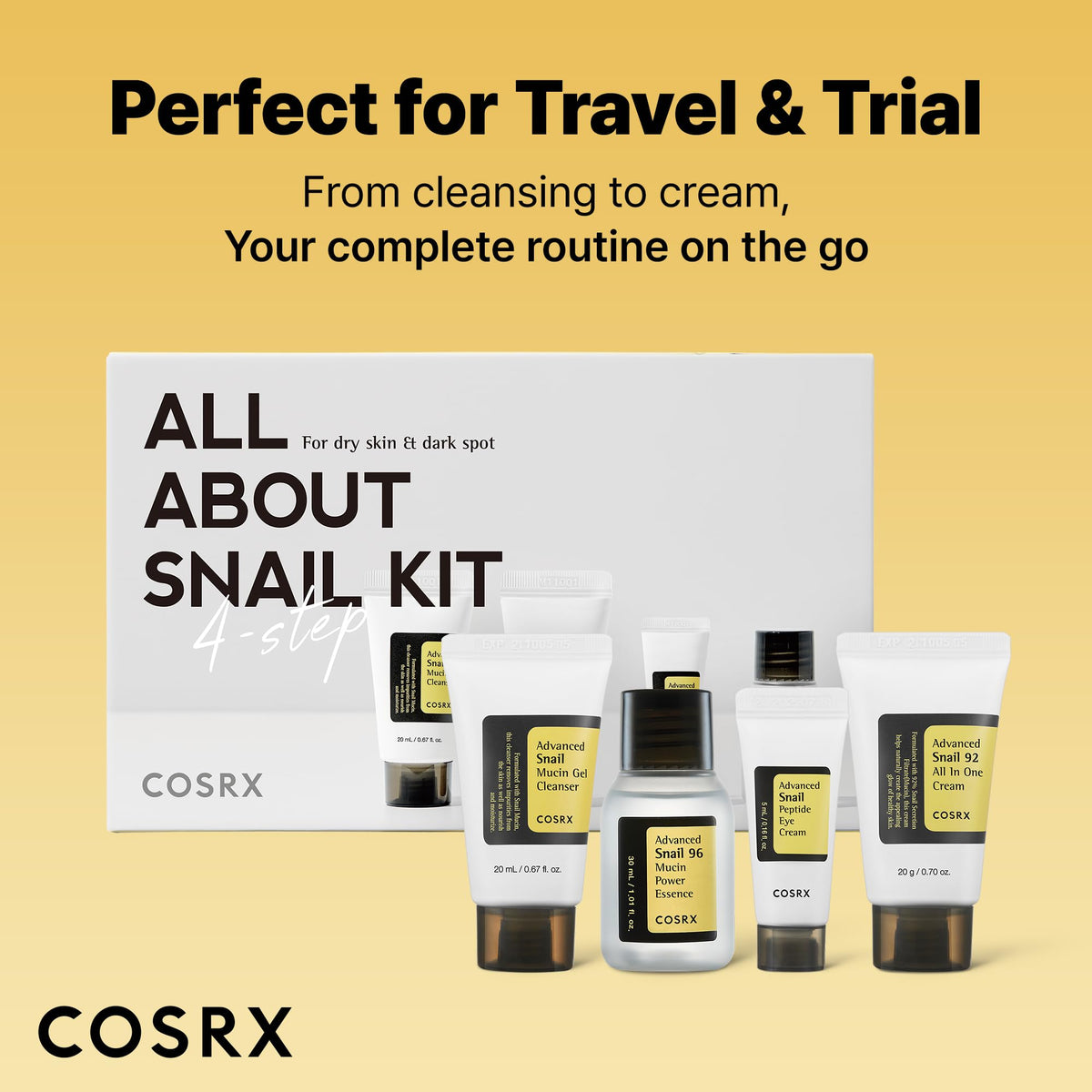 COSRX travel set next to smartphone to show compact size and easy packing