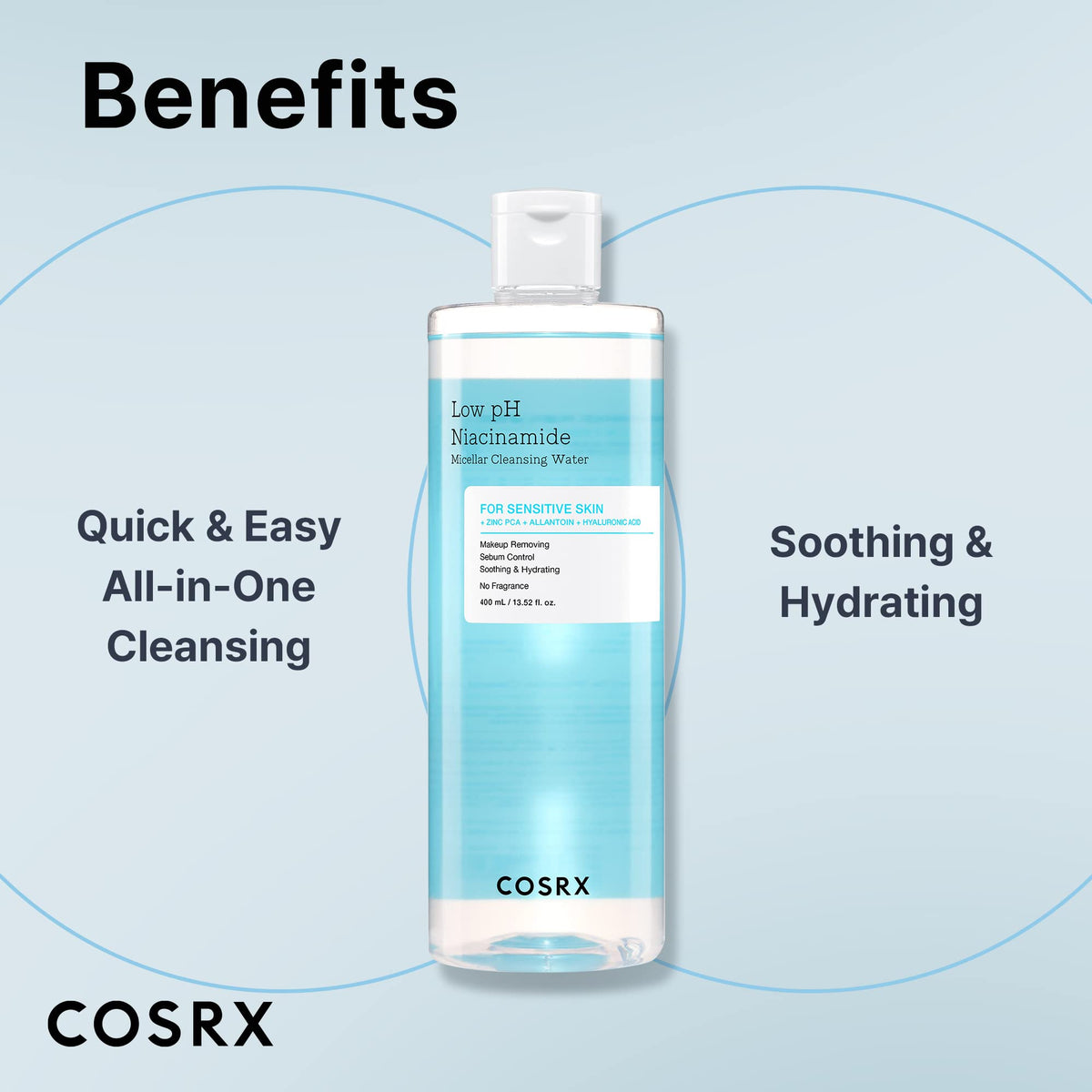 COSRX bottle next to common objects showing 400ml scale for quick size reference