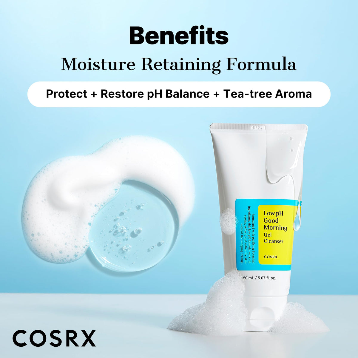 COSRX bottle held in hand showing 5.07 fl oz scale and travel-friendly benefit