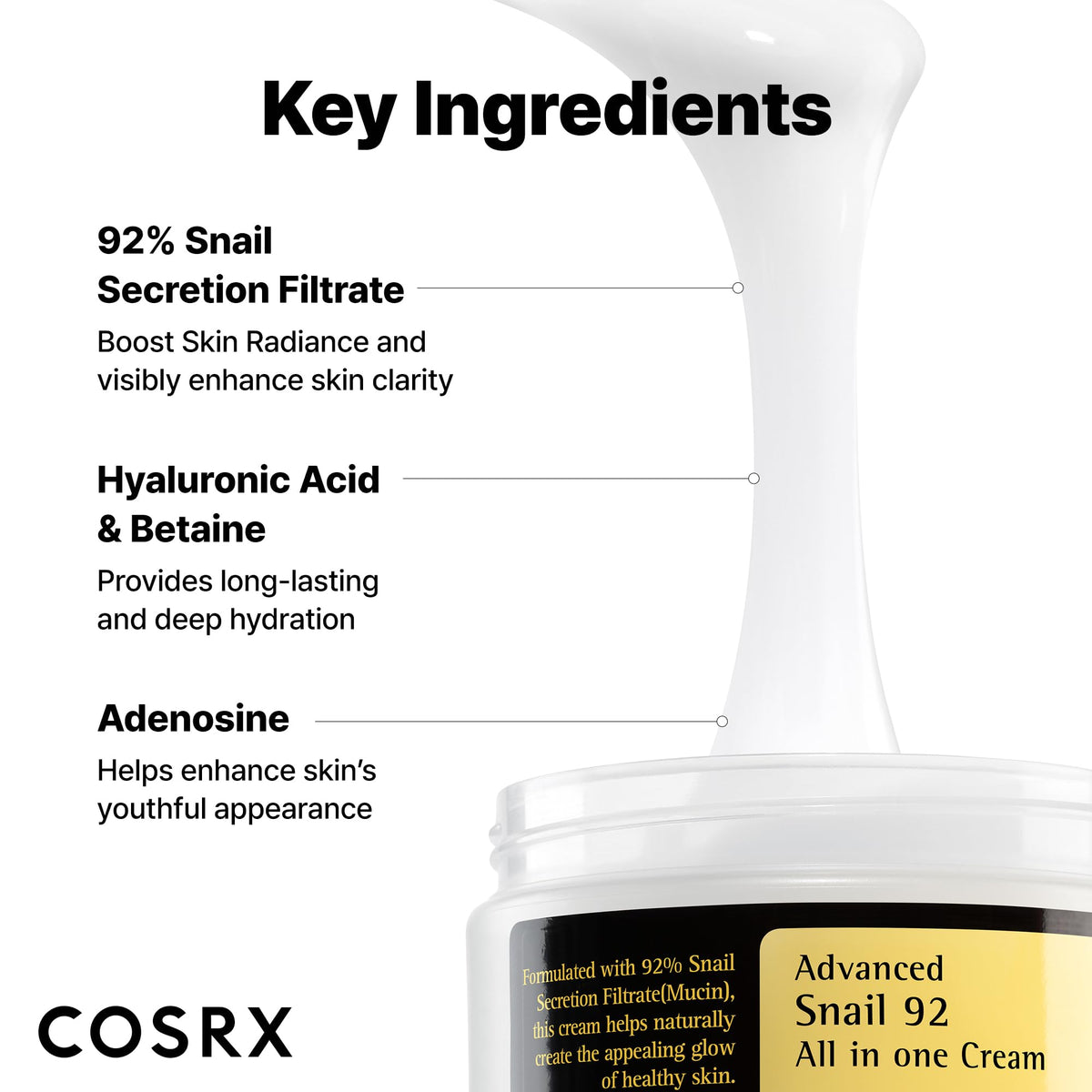 COSRX ingredient label close-up highlighting snail mucin and hyaluronic acid benefits