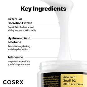 COSRX ingredient label close-up highlighting snail mucin and hyaluronic acid benefits