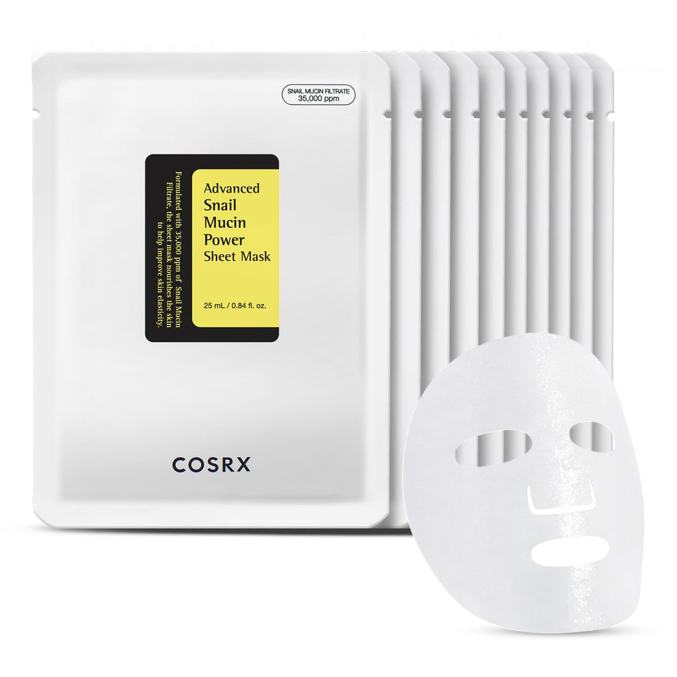 COSRX front packaging showing 10 snail mucin masks and clear benefits