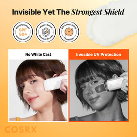 COSRX sunscreen applied on face showing matte, non-greasy benefit
