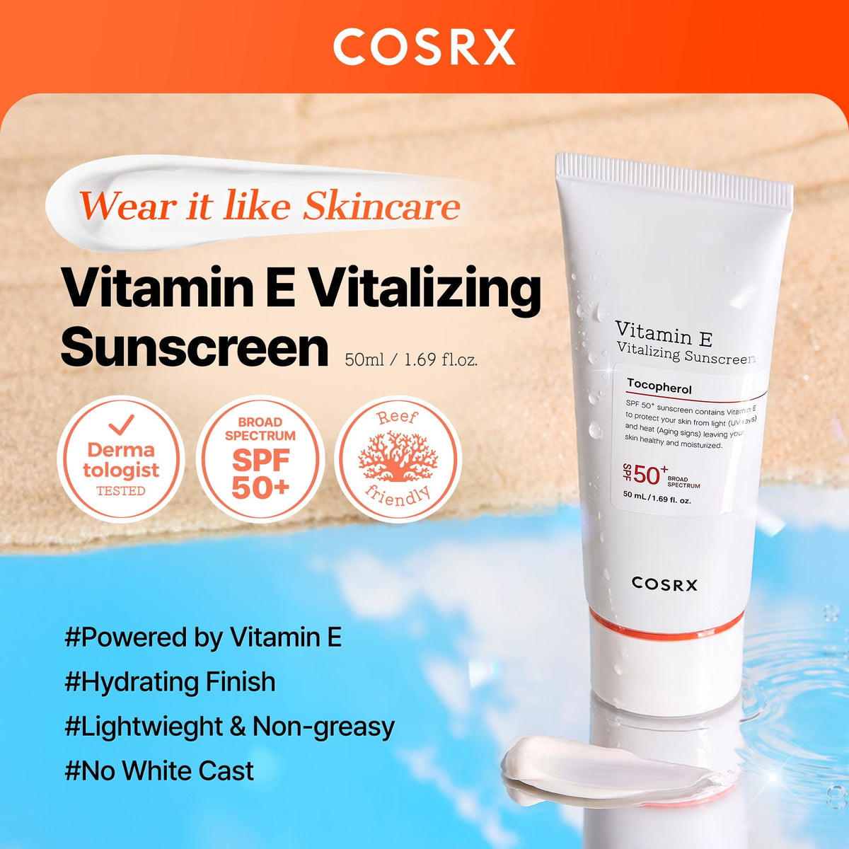 COSRX sunscreen dispensed onto hand showing lightweight texture and spreadability