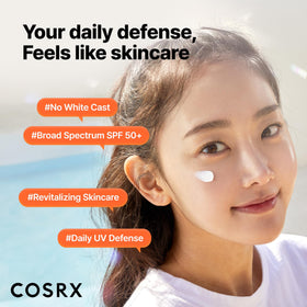 COSRX close-up of sunscreen texture highlighting quick absorption and finish