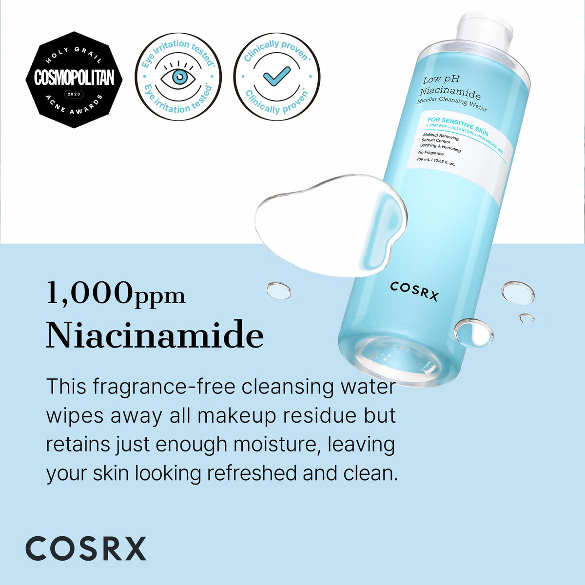 COSRX close-up of clear cleansing liquid texture, lightweight and non-greasy