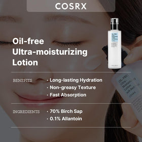 COSRX close-up of lotion texture highlighting lightweight, fast-absorbing consistency