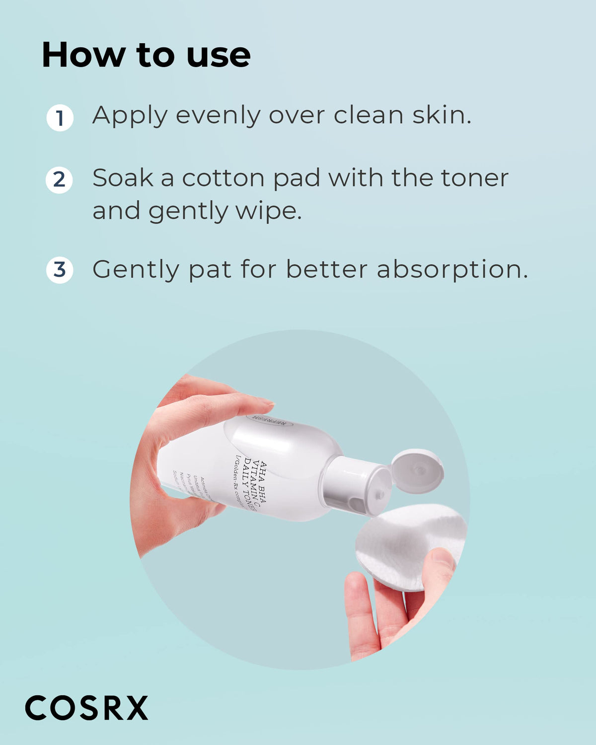 COSRX toner on cotton pad demonstrating gentle exfoliation and residue removal