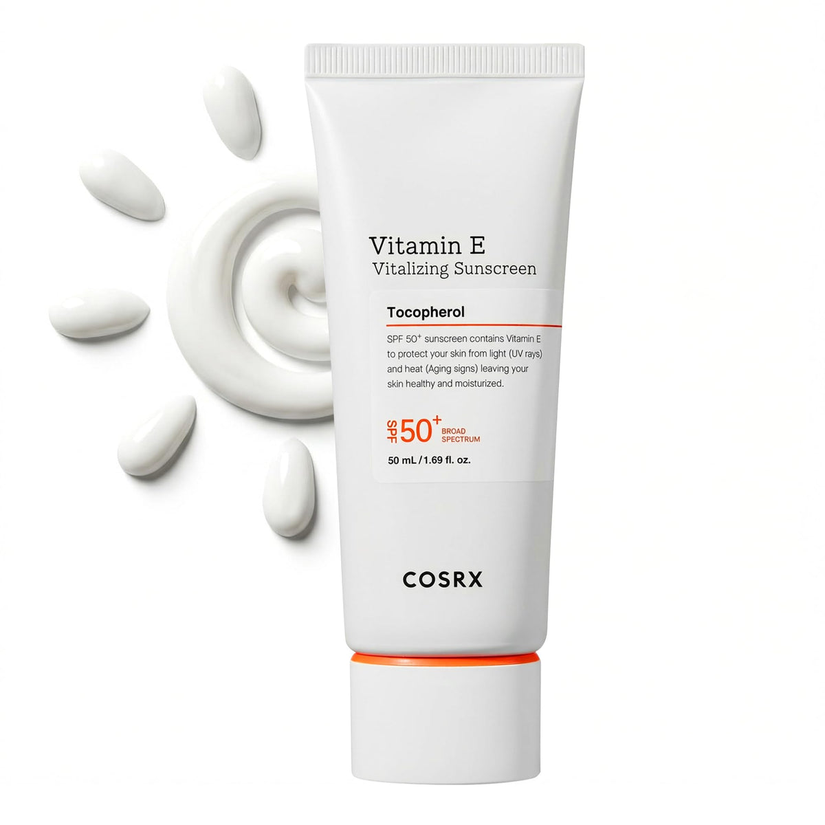COSRX front tube of Vitamin E Sunscreen showing packaging and SPF 50 benefit