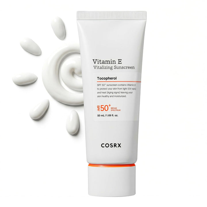 COSRX front tube of Vitamin E Sunscreen showing packaging and SPF 50 benefit
