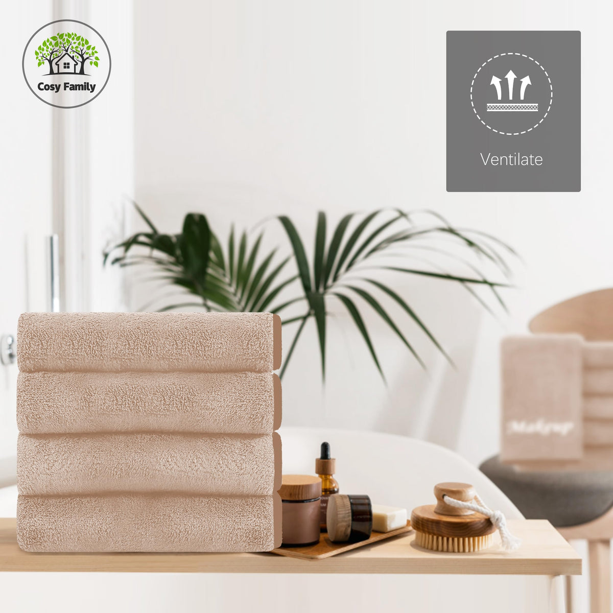 Cosy Family towels displayed in bathroom setting offering tidy guest-ready benefit
