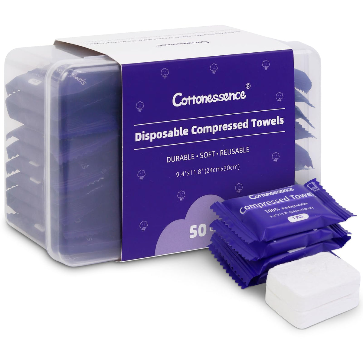 Cottonessence front packaging showing 50-pack and benefits