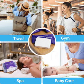 Cottonessence towel next to a hand showing scale and usability
