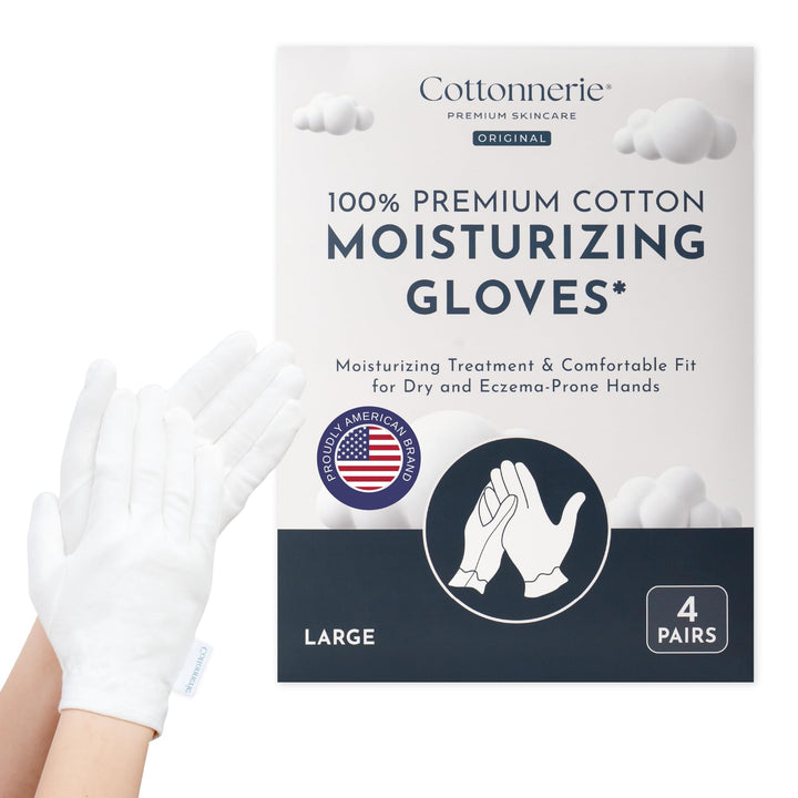 COTTONNERIE front view of four pairs of cotton gloves showing packaging and fabric