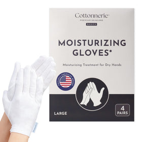 COTTONNERIE front packaging showing four pairs of cotton gloves, easy to store