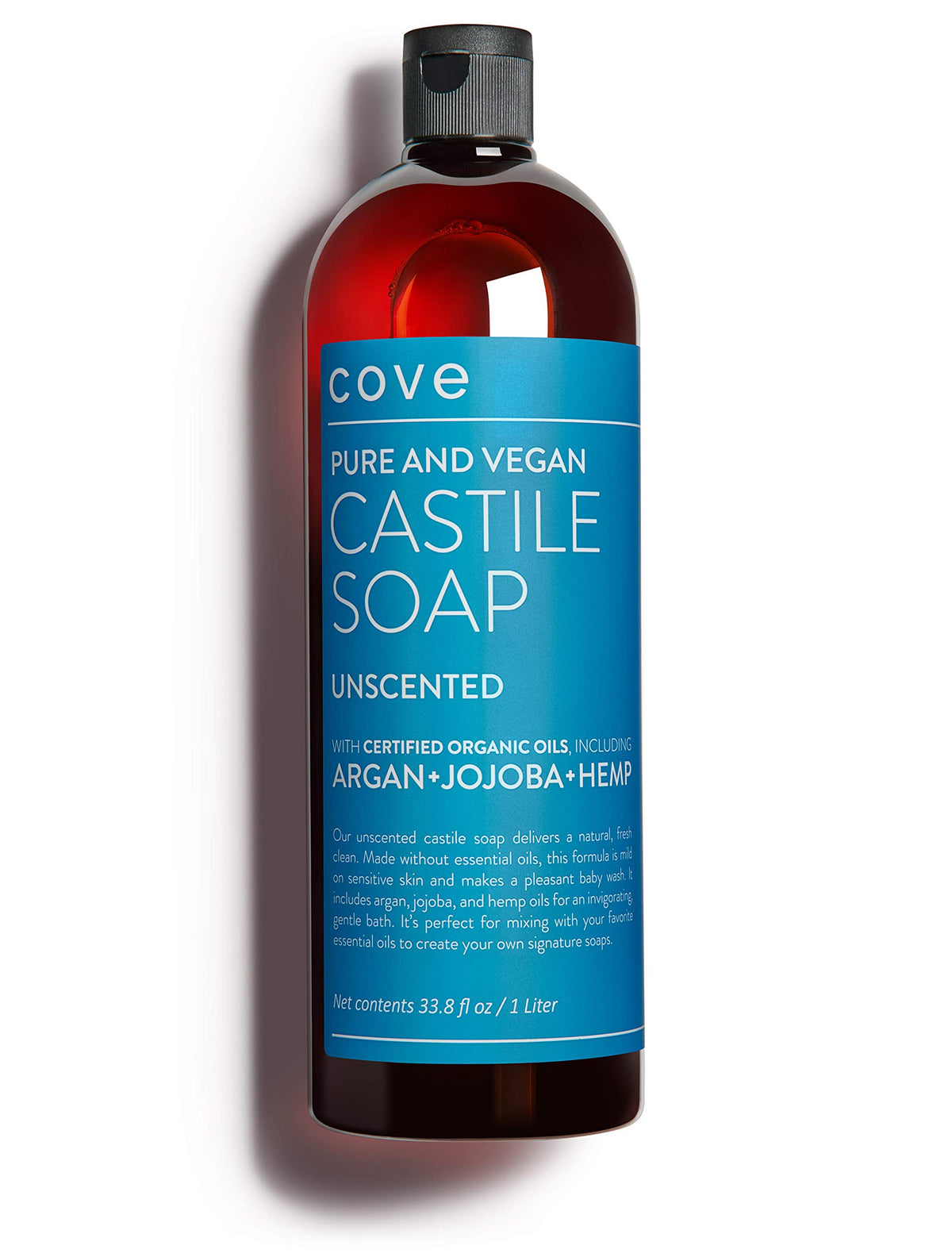 Cove front bottle showing label and unscented Castile soap benefits