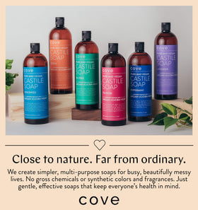 Cove foaming dispenser in bathroom demonstrating gentle hand wash