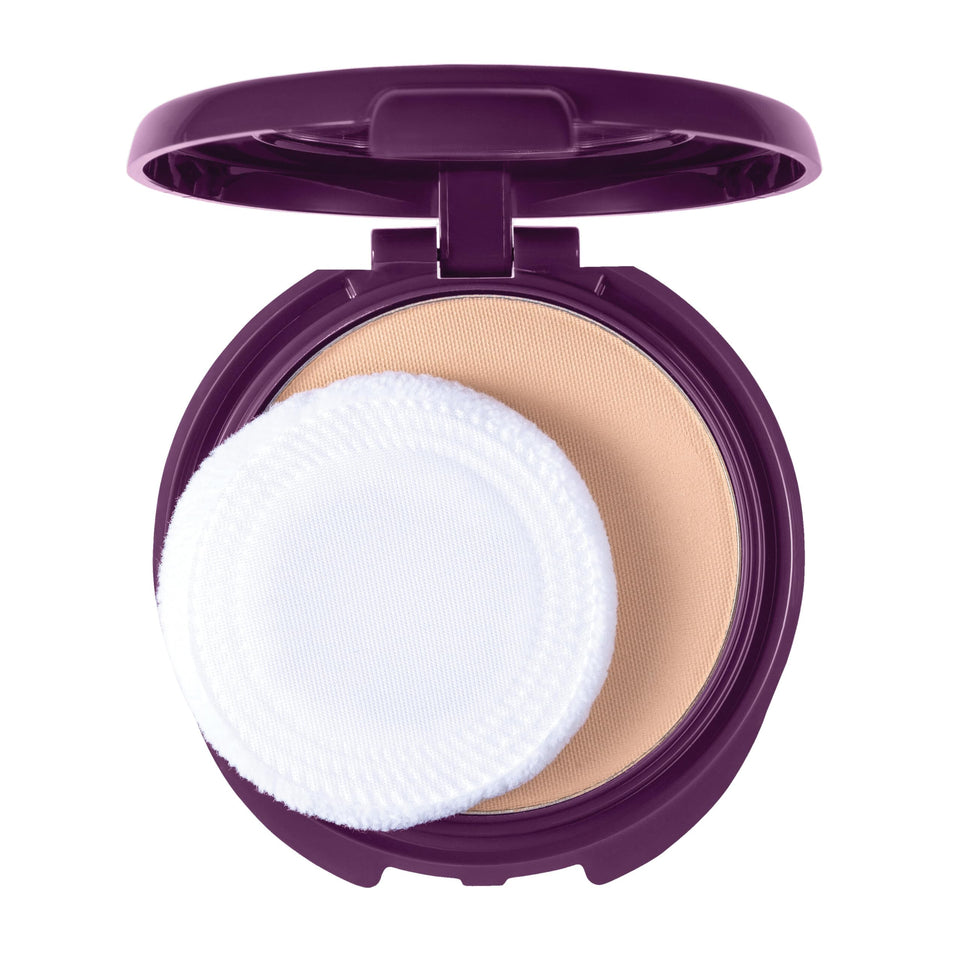 COVERGIRL compact front showing natural beige shade and sleek packaging benefit: travel-ready