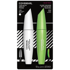 COVERGIRL twin pack front packaging showing mascara and primer, clear product detail and benefit