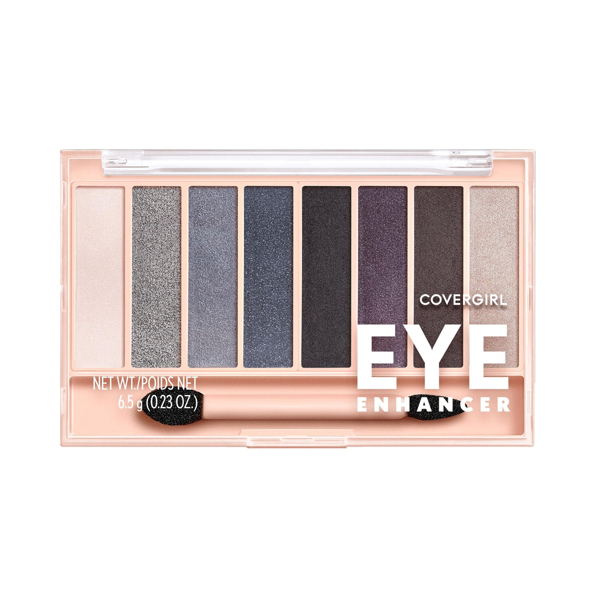 COVERGIRL palette front view showing eight smoky shades and compact design benefit