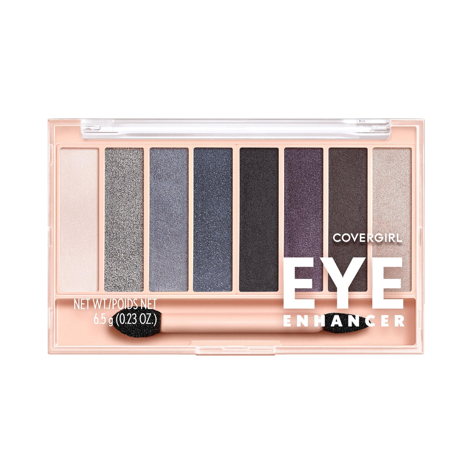 COVERGIRL palette front view showing eight smoky shades and compact design benefit