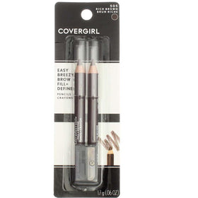 COVERGIRL front view of two Rich Brown pencils and sharpener showing packaging convenience
