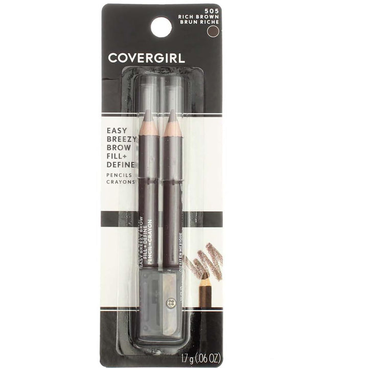 COVERGIRL front view of two Rich Brown pencils and sharpener showing packaging convenience