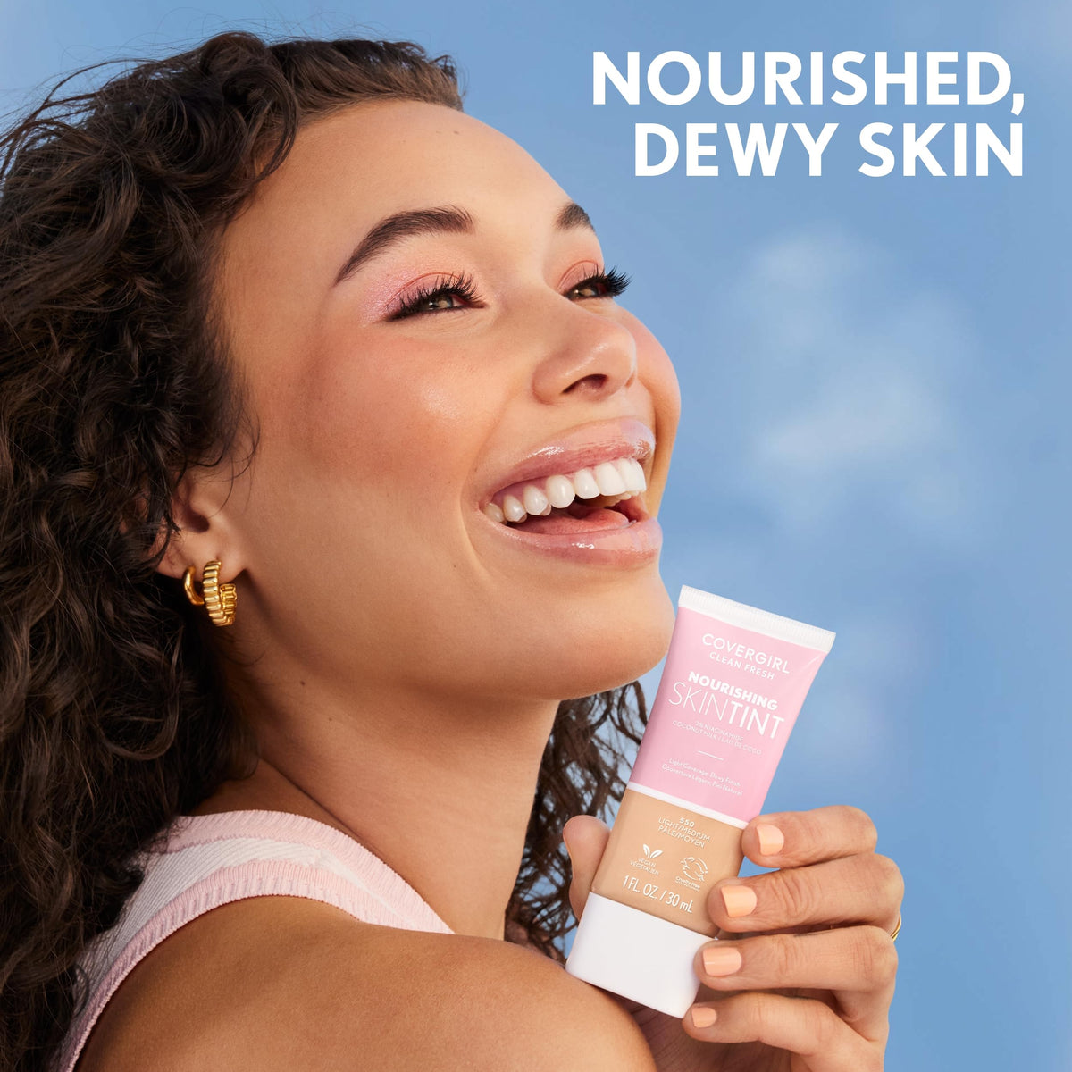 COVERGIRL face before and after blending showing dewy glow and blurred imperfections