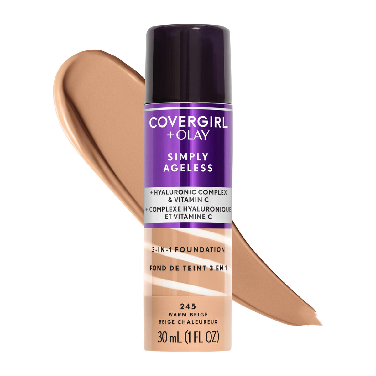 COVERGIRL & Olay front packaging showing bottle and cap, clear product view
